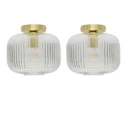 Set of 2 Batley Large - Clear Ribbed Glass Satin Brass Ceiling Lights