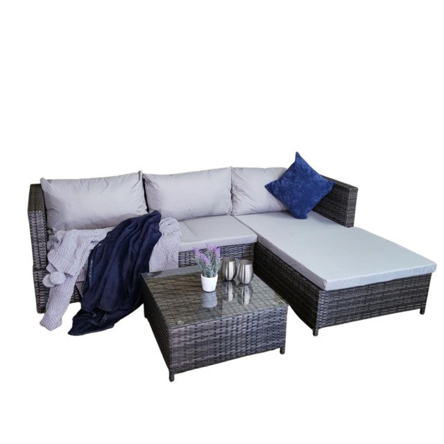 3PC 4 Seater Brown Rattan Chair Garden Sofa Set Daybed With Grey Cushions and Glass Top Coffee Table