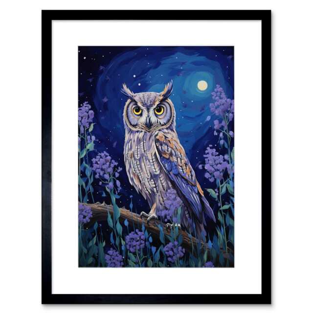 "Great Horned Owl Lavender Field Full Moon Night 9x7"" Black Framed Wall Art Print"