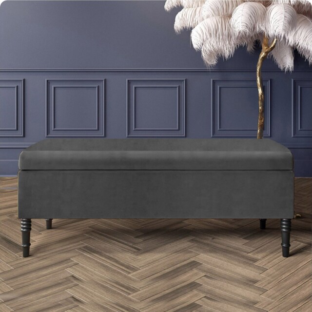 Paris Plain 90cm Ottoman Storage Bench - Plush Velvet Shoe Bench - Steel Grey Upholstery Footstool with Storage