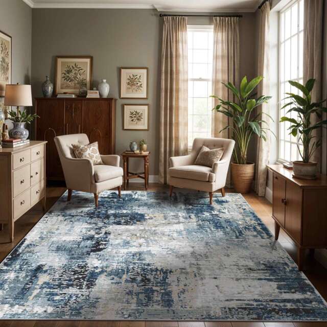 LIVABLISS Jolie-Abstract Modern Marble Rug 160 x 220 cm Blue Grey Beige Black