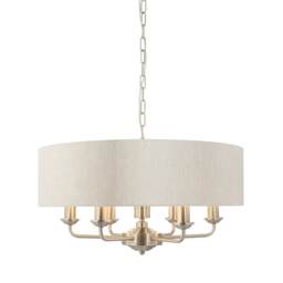 Highclere 6 Lamp Single Shade Pendant Light Brushed Chrome Plate, Natural Linen