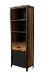 Induse 1 Drawer Large Bookcase - Mango Wood/Iron - L37 x W65 x H190 cm - PP Sawn Finish Brown