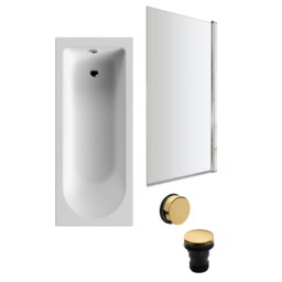 Round Single Ended Bath, Square Chrome Bath Screen, Brushed Brass Waste -1700x700mm White