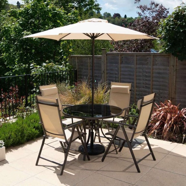 4 Seater Dining Set Garden Furniture With Parasol Reclining Chairs Glass Table In Mocha