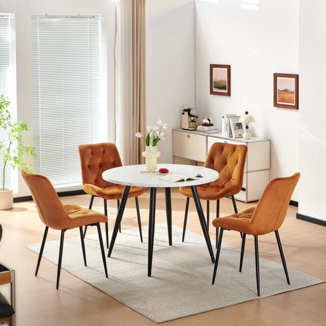 SONARA White Marble Round Dining Table and 4 Velvet Chairs Set Modern 4 Seater for Dining Room