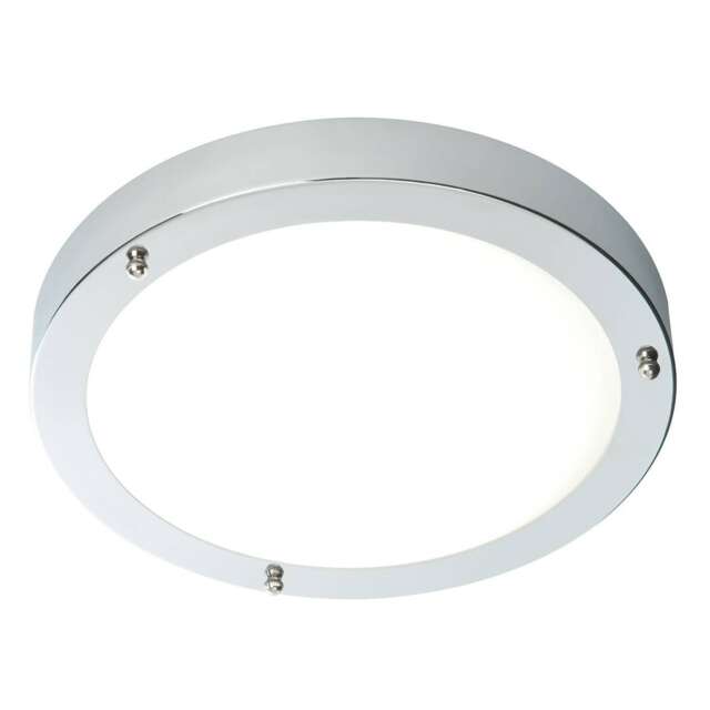 Portico Bathroom Flush Ceiling Light Chrome, Frosted Glass IP44, E27