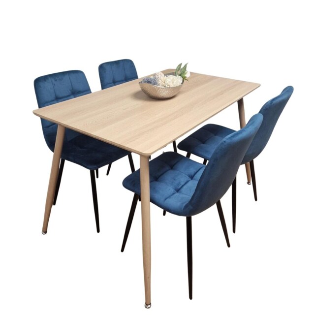 Wooden oak Effect Dining Table Set with 4 Blue velvet Chairs Dining Furniture