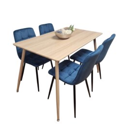 Wooden oak Effect Dining Table Set with 4 Blue velvet Chairs Dining Furniture