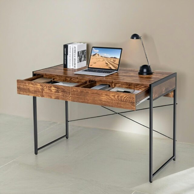 Industrial 112CM Wide Writing Desk With 2 Drawers Rustic Brown Brown