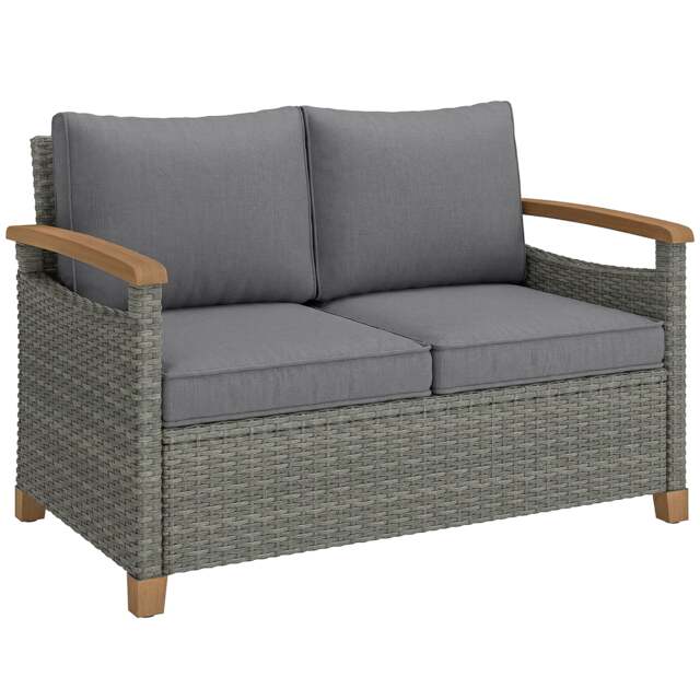 Outsunny 2 Seater Rattan Garden Sofa with Acacia Wood Armrests Grey Dark Grey Two Seater
