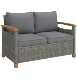 Outsunny 2 Seater Rattan Garden Sofa with Acacia Wood Armrests Grey Dark Grey Two Seater
