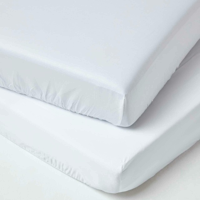Homescapes White Organic Cotton Fitted Cot Sheets 400 Thread Count, 2 Pack White One Size