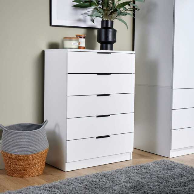 Phoenix Chest Of 5 Drawers Bedroom Furniture Clothing Storage Organiser Unit White