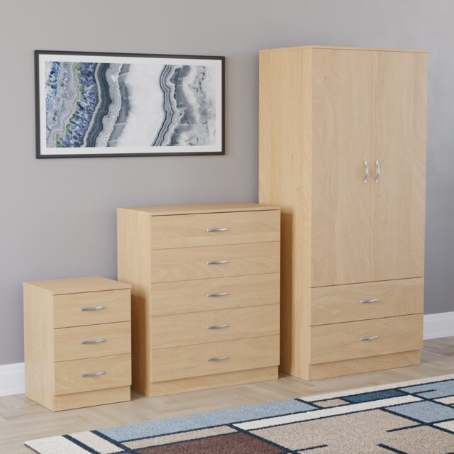 Vida Designs Riano 3 Piece Bedroom Set (3 Drawer Bedside Chest, 5 Drawer Chest, 2 Door 2 Drawer Wardrobe) - Pine