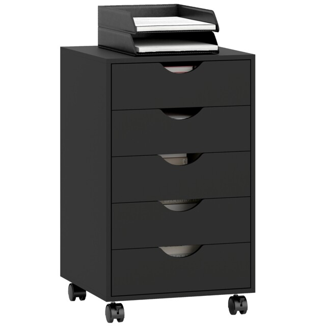 HOMCOM 5 Drawer Filing Cabinet, Vertical Under Desk File Storage with Wheels for Home Office, Black