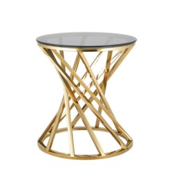 Round Metal Lamp Or Side Table With Tinted Glass Tempered Top In Gold