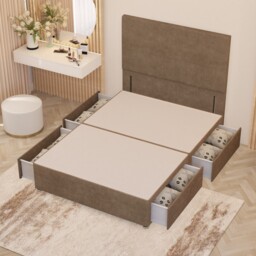 Divan Bed Base with 4 Drawers & Plain Floor Standing Headboard Plush Velvet Brown Beige