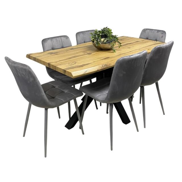 Wooden Dining Table with 6 Grey Velvet Chairs - Dining Kitchen Room Furniture