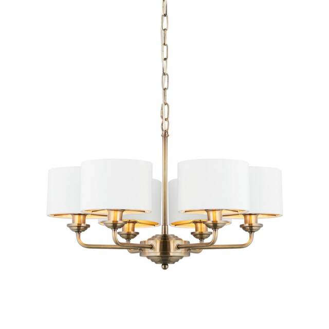 Highclere Multi Arm Shade Pendant Ceiling Lamp, Antique Brass Plate, Vintage White Fabric
