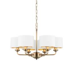 Highclere Multi Arm Shade Pendant Ceiling Lamp, Antique Brass Plate, Vintage White Fabric