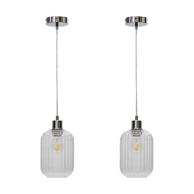 Set of 2 Batley - Clear Ribbed Glass with Chrome Pendant Fittings Clear Clear 2