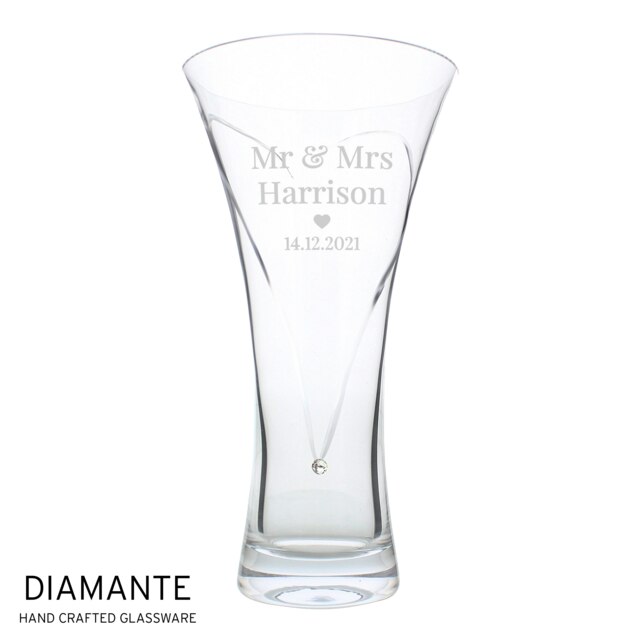 Personalised Mr & Mrs Large Hand Cut Diamante Heart Vase Clear
