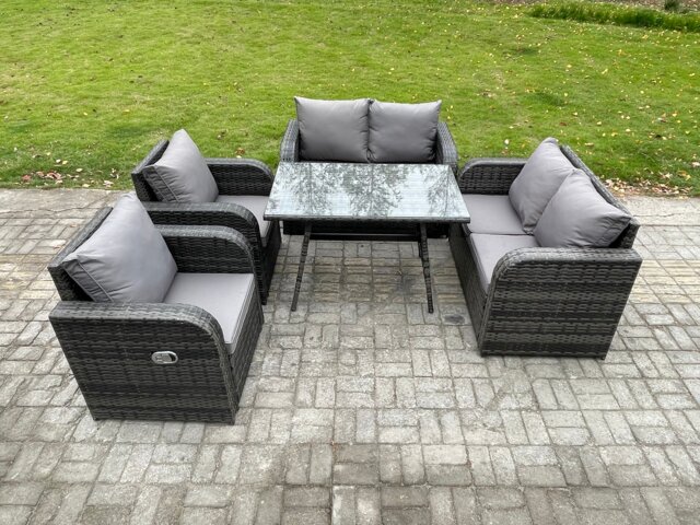 Fimous Wicker PE Rattan Garden Dining Set Outdoor Furniture Sofa with Rectangular Dining Table Dark Grey Mixed