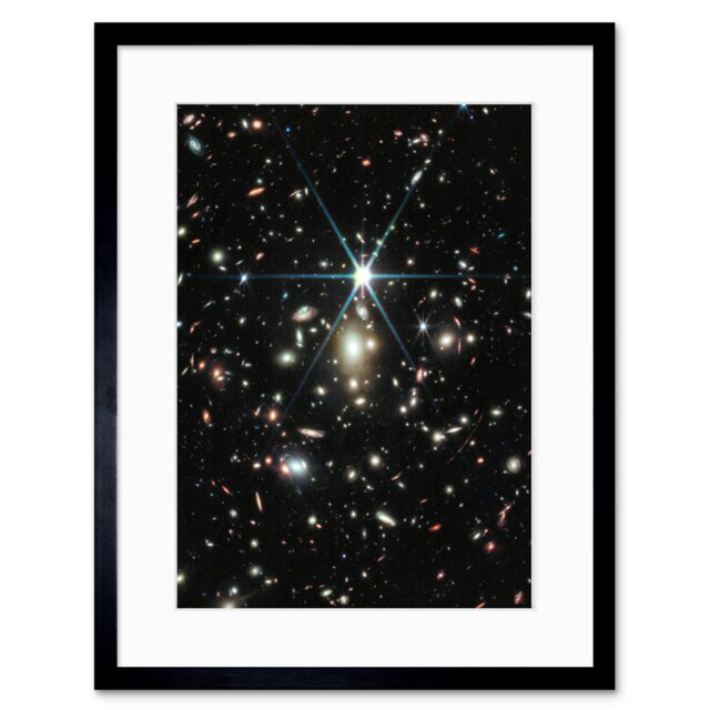 "NASA Webb Telescope NIRCam Space Image of Galaxy Cluster 9x7"" Black Framed Wall Art Print"