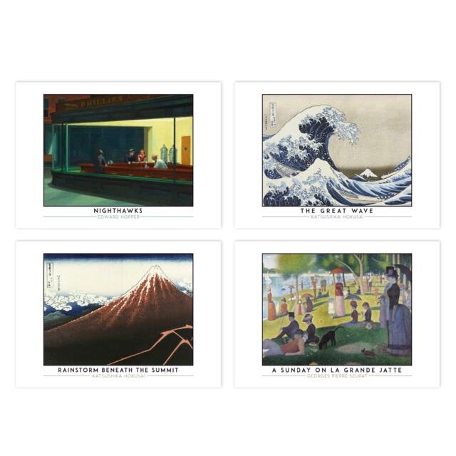 Set of 4 Hopper Nighthawks Hokusai Great Wave Mount Fuji Seurat Sunday Wall Art Print A4