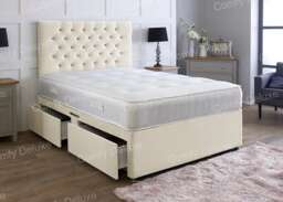 5ft Kingsize Cream Plush Velvet Divan Bed With Headboard & Memory Sprung Mattress 2 Drawers Same Side