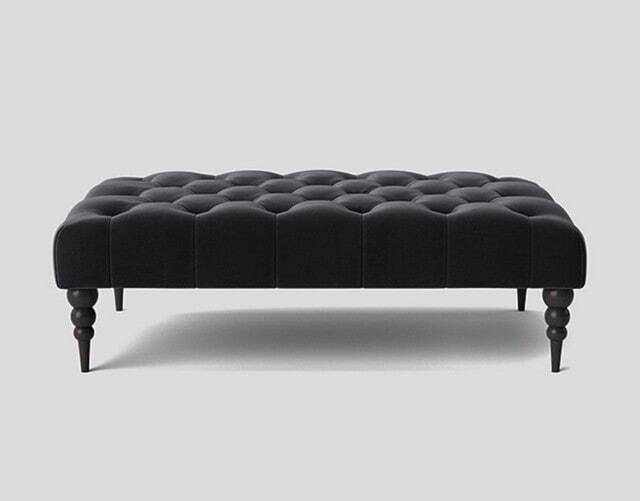 Alyana 90cm Rectangle Ottoman Bench with Wooden Legs- Black Plush Velvet Chesterfield Upholstered Footstool