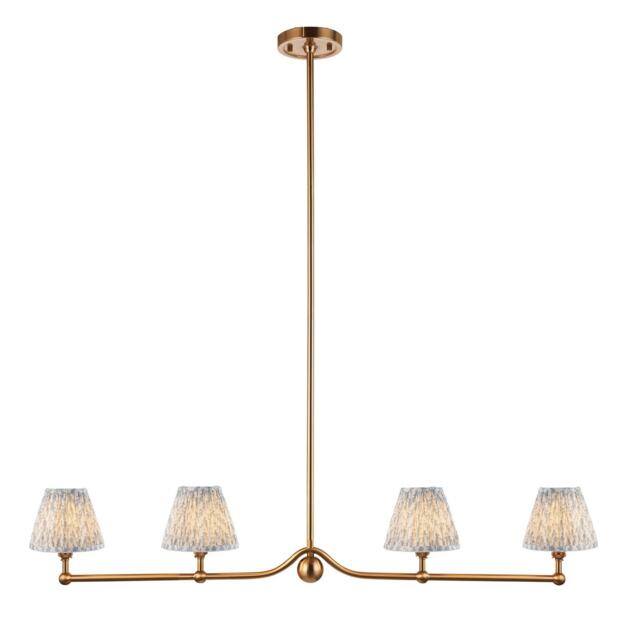 Santiago Brushed Aged Brass Plate Pendant Light with Shell Bay Blue Fabric Leaf Shade 16cm 4x B22