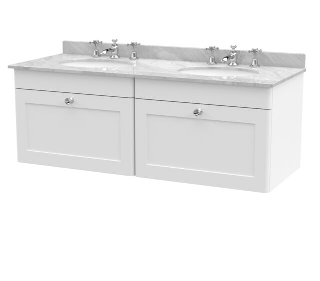 Balterley Swynnerton Traditional 2 Drawer Wall Hung Vanity Unit with Double Marble Basin, Satin White, 1200mm