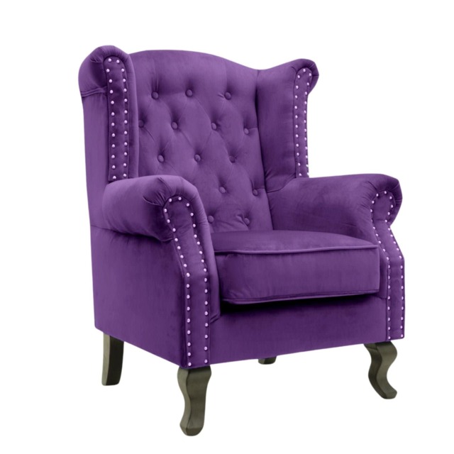 Velvet Wing Back Fireside Henley Chair Armchair with Buttons Purple