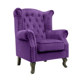 Velvet Wing Back Fireside Henley Chair Armchair with Buttons Purple
