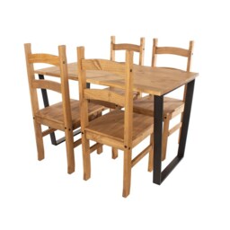 Texas Rectangular Dining Table with Metal Legs and 4 Corona Dining Chairs - Antique Waxed Pine - Black Black 5