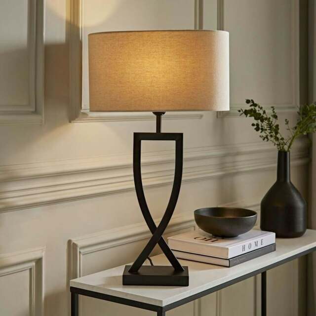 ValueLights Katniss Matte Black Table Lamp with Natural Oval Lamp Shade Black Cream