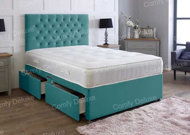 4ft6 Double Green Plush Velvet Divan Bed With Headboard & Memory Sprung Mattress 4 Drawers