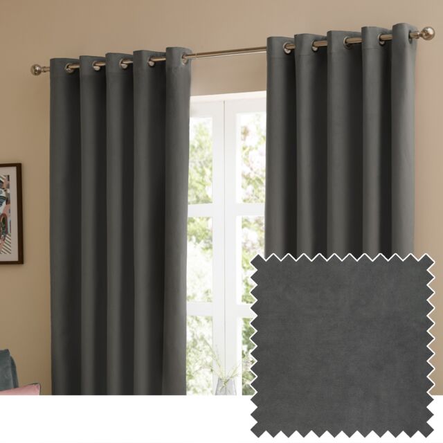 furn. The Ultimate Velvet Blackout Eyelet Curtain Pair Charcoal (W)117cmx (D)183cm Grey Charcoal One Size