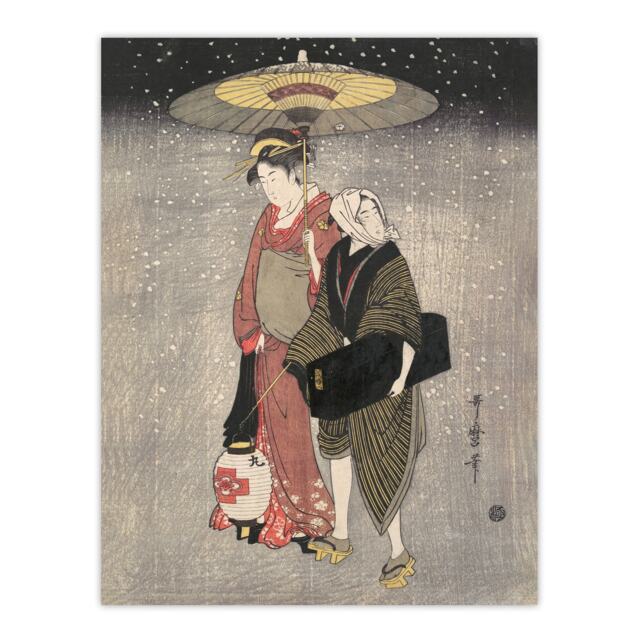 "Geisha Walking Through Snow Night Japan Wall Art Print Kitagawa 24x32"""
