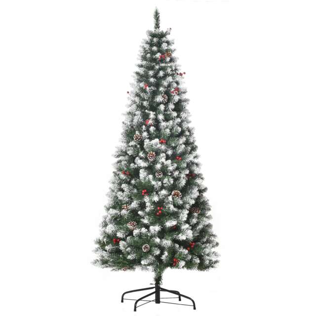 HOMCOM 6FT Artificial Christmas Tree mas Pencil Tree with Red Berries and Pinecones Holiday Home Indoor Decoration with Foldable Feet, Green
