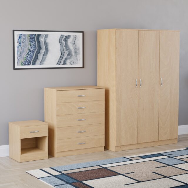 Vida Designs Riano 3 Piece Bedroom Set (1 Drawer Bedside Chest, 5 Drawer Chest, 3 Door Wardrobe), Pine