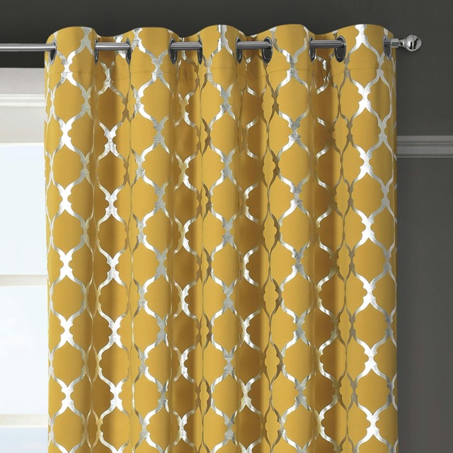 Velosso Arabesque Ready Made Thermal Blackout Eyelet Curtains - 117cm x 137cm Yellow Ochre