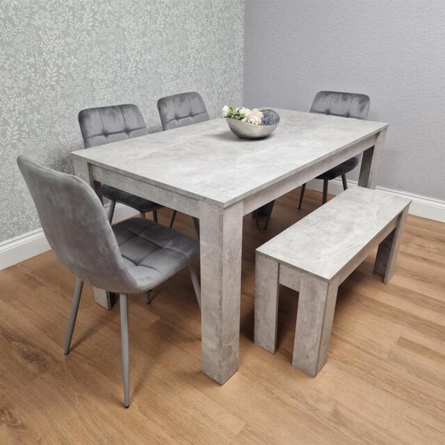 Modern Grey Dining Table Set with 4 Grey Velvet Chairs and 1 Bench - Dining Room Furniture Set Grey One Size 6