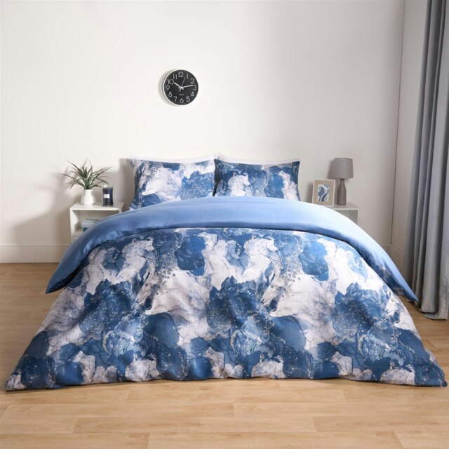 OHS Marble Print Duvet Quilt Cover Bedding Set, King - Navy Blue