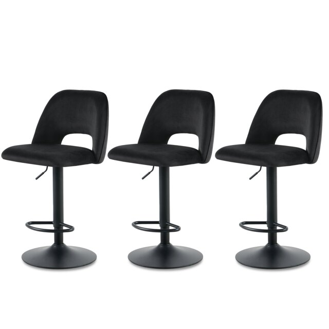 SONARA Set of 3 Adjustable Velvet Upholstered Breakfast Bar Stools Black