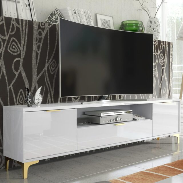 TV Unit Cabinet Stand Sideboard Storage Cabinet White High Gloss Gold Handles Legs 200cm