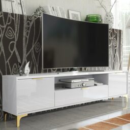 TV Unit Cabinet Stand Sideboard Storage Cabinet White High Gloss Gold Handles Legs 200cm