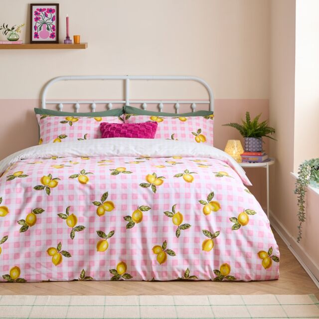 Heya Home Gingham Lemons Reversible Duvet Cover Set, Single Pink Pink Single